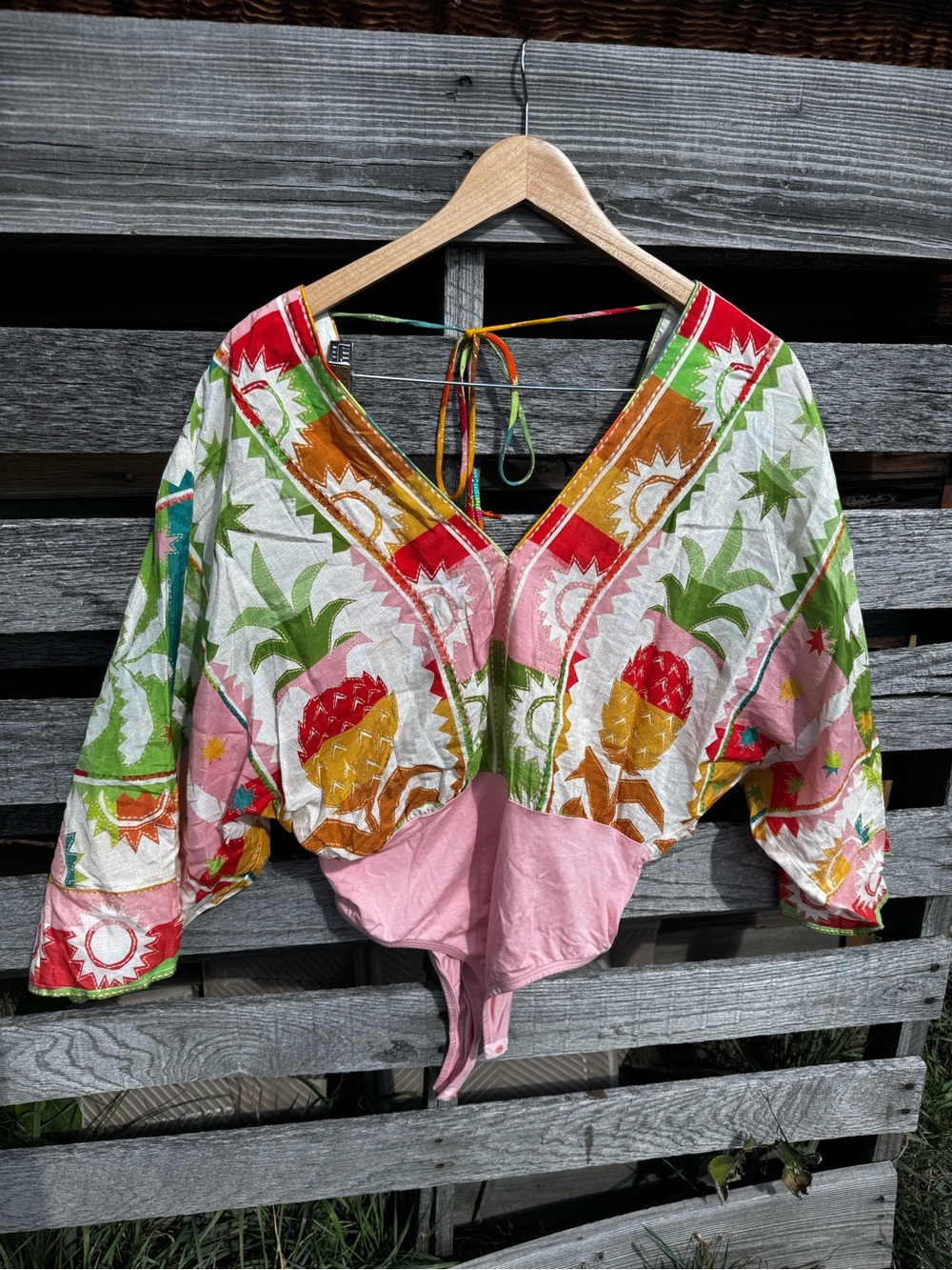 Boho Pineapple Print V-Neck Tie-Back Bodysuit - Pink & Multicolor